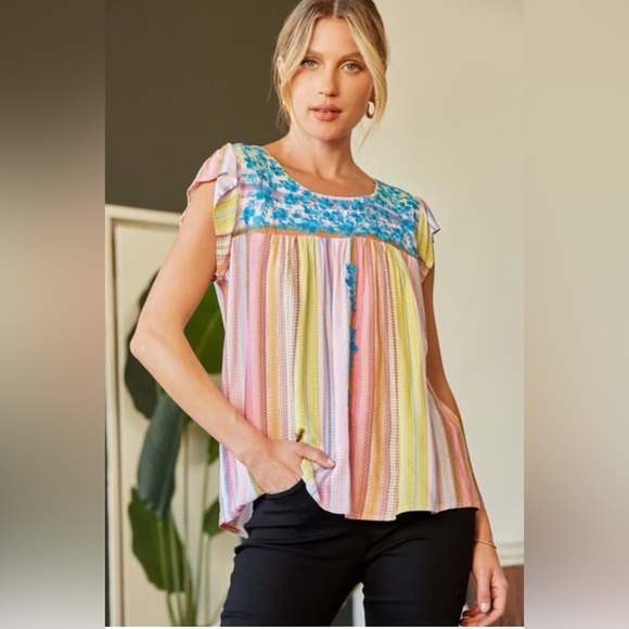 Savanna Jane Tops - Savanna Jane Embroidered Multicolor Striped Women's Top